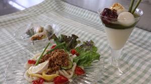 第1回講座「常備菜」で作った「肉みそうどん・生春巻きおむすび・豆乳パフェ」