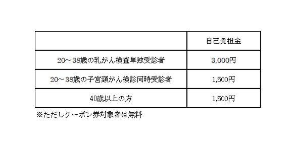 乳がん検診自己負担金一覧表